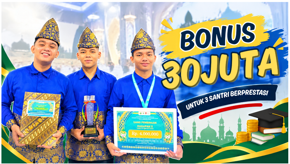 Tiga Santri Jami’atul Qurro’ Raih Beasiswa Pendidikan Rp30 Juta atas Prestasi di MTQ Nasional